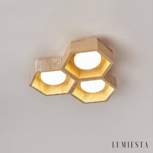 Monacora - Lampa sufitowa trawertynowo-drewniana do salonu, 30/43/57/70/82 cm