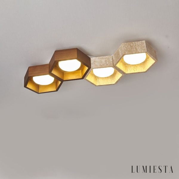Monacora - Lampa sufitowa trawertynowo-drewniana do salonu, 30/43/57/70/82 cm