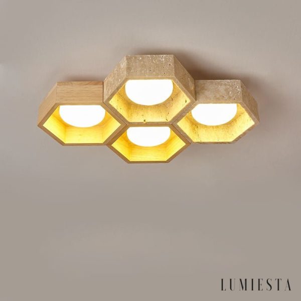 Monacora - Lampa sufitowa trawertynowo-drewniana do salonu, 30/43/57/70/82 cm