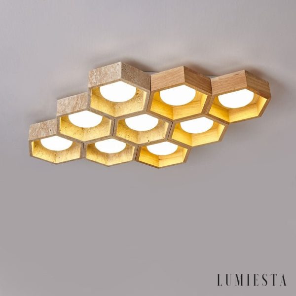 Monacora - Lampa sufitowa trawertynowo-drewniana do salonu, 30/43/57/70/82 cm