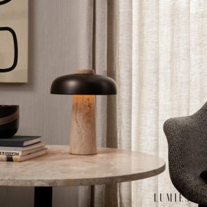 Montreuxa - Lampa stołowa trawertynowa, żółta, metalowa do salonu, Ø24/35 cm