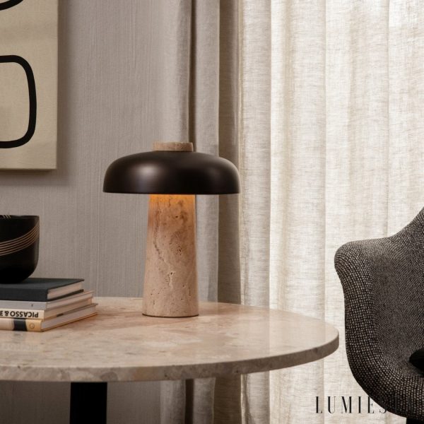 Montreuxa - Lampa stołowa trawertynowa, żółta, metalowa do salonu, Ø24/35 cm