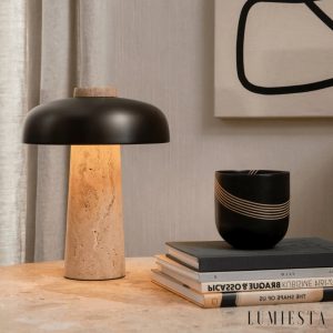 Montreuxa - Lampa stołowa trawertynowa, żółta, metalowa do salonu, Ø24/35 cm