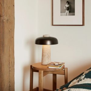 Montreuxa - Lampa stołowa trawertynowa, żółta, metalowa do salonu, Ø24/35 cm