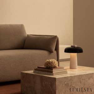 Montreuxa - Lampa stołowa trawertynowa, żółta, metalowa do salonu, Ø24/35 cm