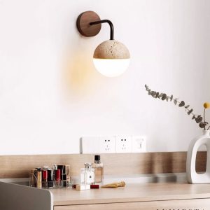 Navarria - Lampa stołowa trawertynowa, orzech z metalem do sypialni, Ø13x23 cm