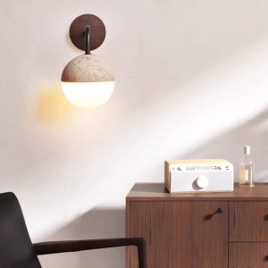 Navarria - Lampa stołowa trawertynowa, orzech z metalem do sypialni, Ø13x23 cm