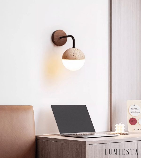 Navarria - Lampa stołowa trawertynowa, orzech z metalem do sypialni, Ø13x23 cm