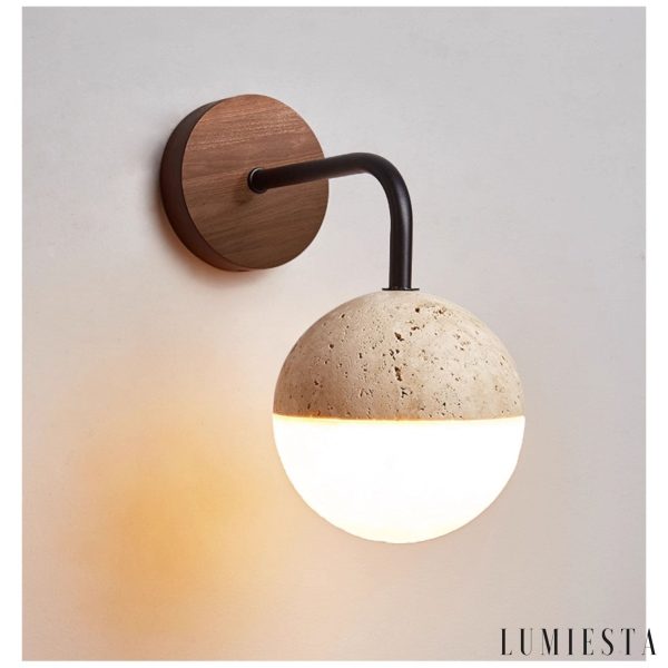 Navarria - Lampa stołowa trawertynowa, orzech z metalem do sypialni, Ø13x23 cm