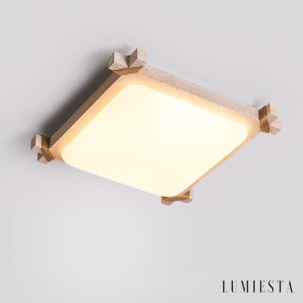 Olympis - Lampa sufitowa trawertynowa, żółto-biała, do salonu 44x44/55x55 cm