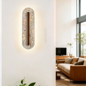 Orvetria - Lampa wisząca trawertynowa, orzechowa do salonu, Ø11 x 35 cm
