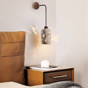 Padovix - Lampa stołowa żółty trawertyn i orzech, do salonu Ø13x21 cm