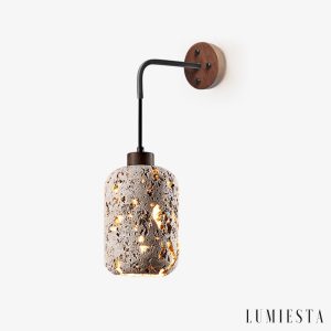 Padovix - Lampa stołowa żółty trawertyn i orzech, do salonu Ø13x21 cm