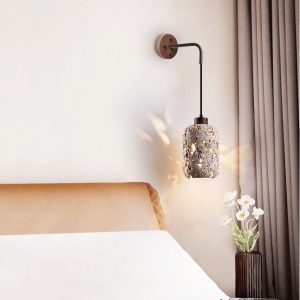 Padovix - Lampa stołowa żółty trawertyn i orzech, do salonu Ø13x21 cm