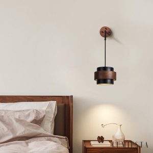 Palermis - Kinkiet nowoczesny, czarny trawertyn i drewno do salonu, Ø17x12 cm