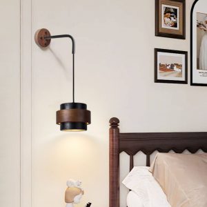 Palermis - Kinkiet nowoczesny, czarny trawertyn i drewno do salonu, Ø17x12 cm