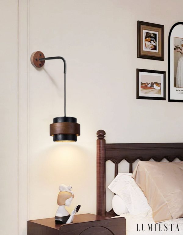 Palermis - Kinkiet nowoczesny, czarny trawertyn i drewno do salonu, Ø17x12 cm