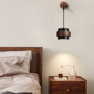 Palermis - Kinkiet nowoczesny, czarny trawertyn i drewno do salonu, Ø17x12 cm