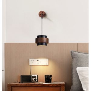 Palermis - Kinkiet nowoczesny, czarny trawertyn i drewno do salonu, Ø17x12 cm