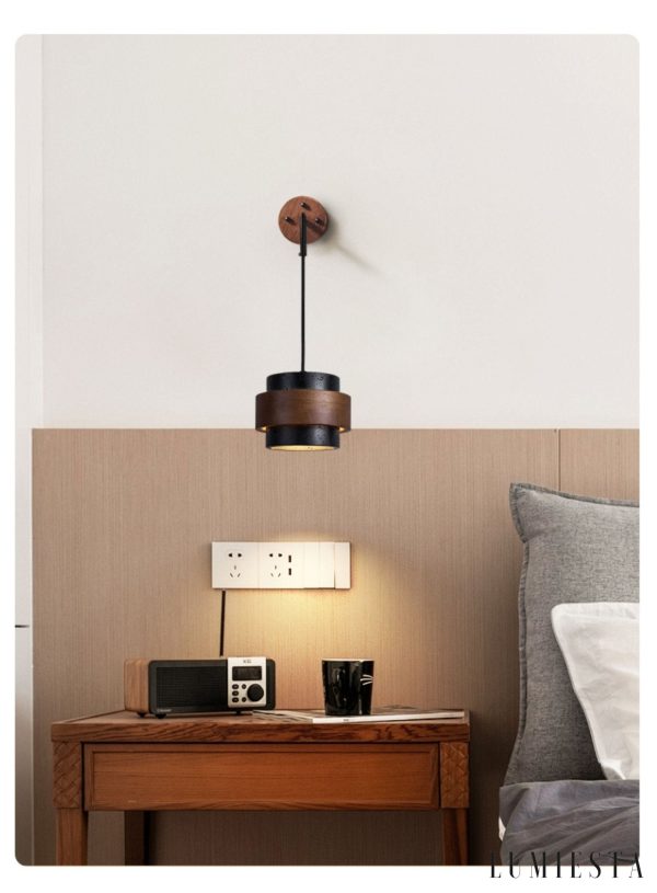 Palermis - Kinkiet nowoczesny, czarny trawertyn i drewno do salonu, Ø17x12 cm