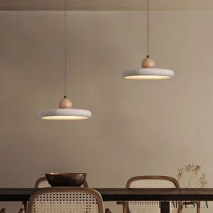 Pamplonae - Lampa wisząca żółty trawertyn i drewno do jadalni Ø30/40 x9 cm