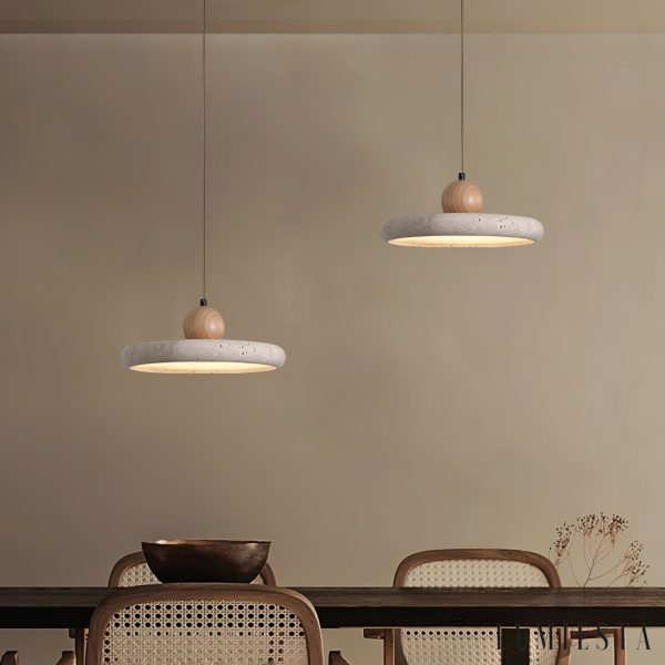 Pamplonae - Lampa wisząca żółty trawertyn i drewno do jadalni Ø30/40 x9 cm