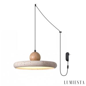 Pamplonae - Lampa wisząca żółty trawertyn i drewno do jadalni Ø30/40 x9 cm