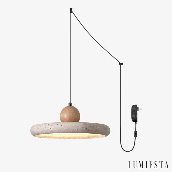 Pamplonae - Lampa wisząca żółty trawertyn i drewno do jadalni Ø30/40 x9 cm