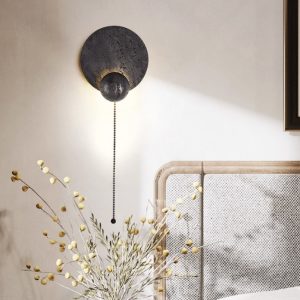 Parisia - Kinkiet trawertynowy czarny do sypialni, LED, Ø22×26 cm