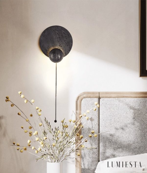 Parisia - Kinkiet trawertynowy czarny do sypialni, LED, Ø22×26 cm