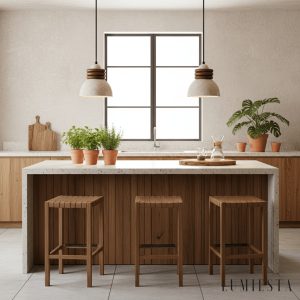 Patagoniax - Lampa wisząca skandynawska, drewno i żółty trawertyn, nad stół, Ø15 cm