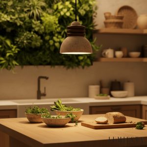 Patagoniax - Lampa wisząca skandynawska, drewno i żółty trawertyn, nad stół, Ø15 cm