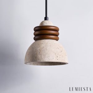 Patagoniax - Lampa wisząca skandynawska, drewno i żółty trawertyn, nad stół, Ø15 cm