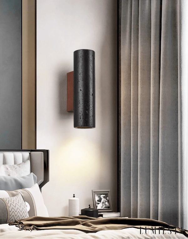 Puglis - Kinkiet drewniany z czarnym trawertynem do salonu, Ø7x16/23/32/60 cm
