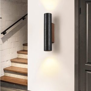 Puglis - Kinkiet drewniany z czarnym trawertynem do salonu, Ø7x16/23/32/60 cm