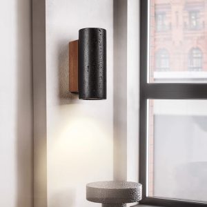 Puglis - Kinkiet drewniany z czarnym trawertynem do salonu, Ø7x16/23/32/60 cm