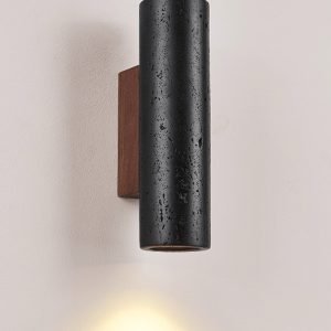 Puglis - Kinkiet drewniany z czarnym trawertynem do salonu, Ø7x16/23/32/60 cm