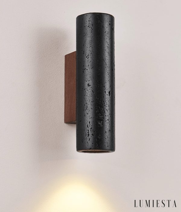 Puglis - Kinkiet drewniany z czarnym trawertynem do salonu, Ø7x16/23/32/60 cm