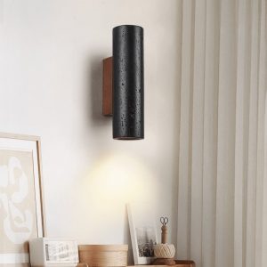 Puglis - Kinkiet drewniany z czarnym trawertynem do salonu, Ø7x16/23/32/60 cm