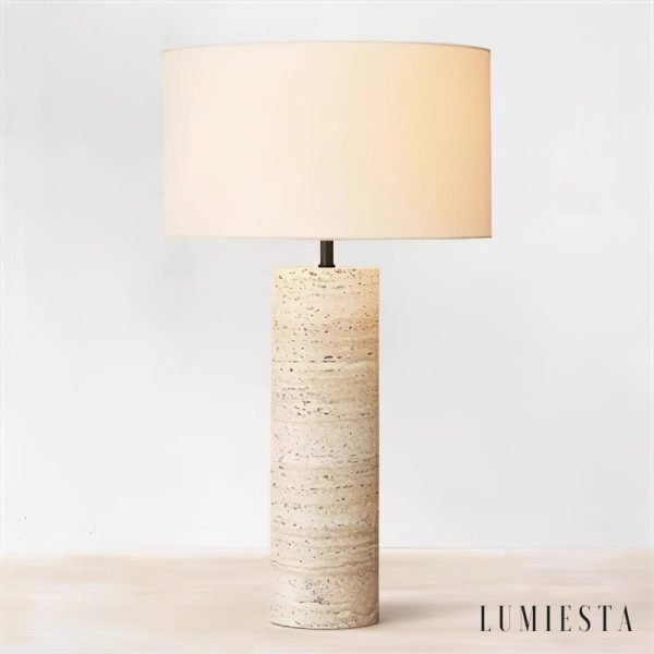 RiminiX - Lampa stołowa trawertynowa, żółto-biała do salonu, Ø35/40x52 cm