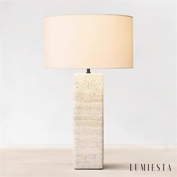 RiminiX - Lampa stołowa trawertynowa, żółto-biała do salonu, Ø35/40x52 cm