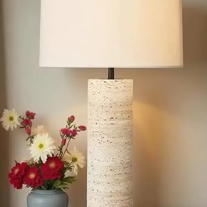 RiminiX - Lampa stołowa trawertynowa, żółto-biała do salonu, Ø35/40x52 cm