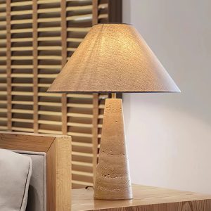 RiminiX - Lampa stołowa trawertynowa, żółto-biała do salonu, Ø35/40x52 cm