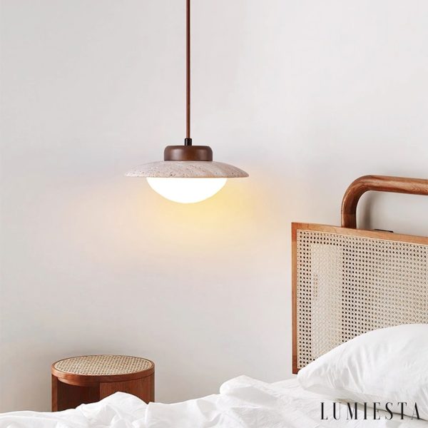 RivieraX - Lampa wisząca drewniana z żółtym trawertynem do jadalni, Ø20×H13 cm