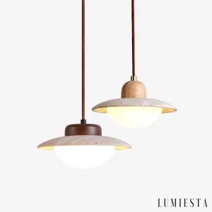 RivieraX - Lampa wisząca drewniana z żółtym trawertynem do jadalni, Ø20×H13 cm
