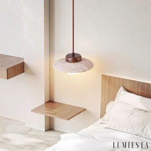 RivieraX - Lampa wisząca drewniana z żółtym trawertynem do jadalni, Ø20×H13 cm