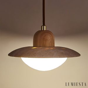 RivieraX - Lampa wisząca drewniana z żółtym trawertynem do jadalni, Ø20×H13 cm