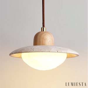 RivieraX - Lampa wisząca drewniana z żółtym trawertynem do jadalni, Ø20×H13 cm