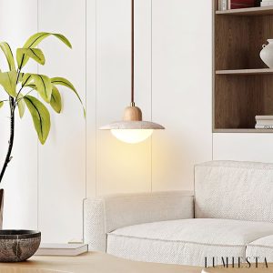 RivieraX - Lampa wisząca drewniana z żółtym trawertynem do jadalni, Ø20×H13 cm