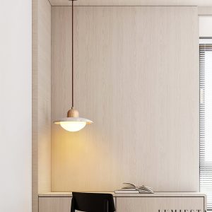 RivieraX - Lampa wisząca drewniana z żółtym trawertynem do jadalni, Ø20×H13 cm